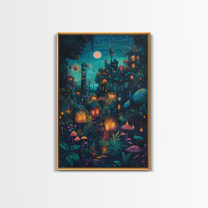 Moonlit Steampunk Mushroom City With Glowing Lanterns Canvas Print, Dark Fantasy Wall Art, Maximalist Decor Gift For Him