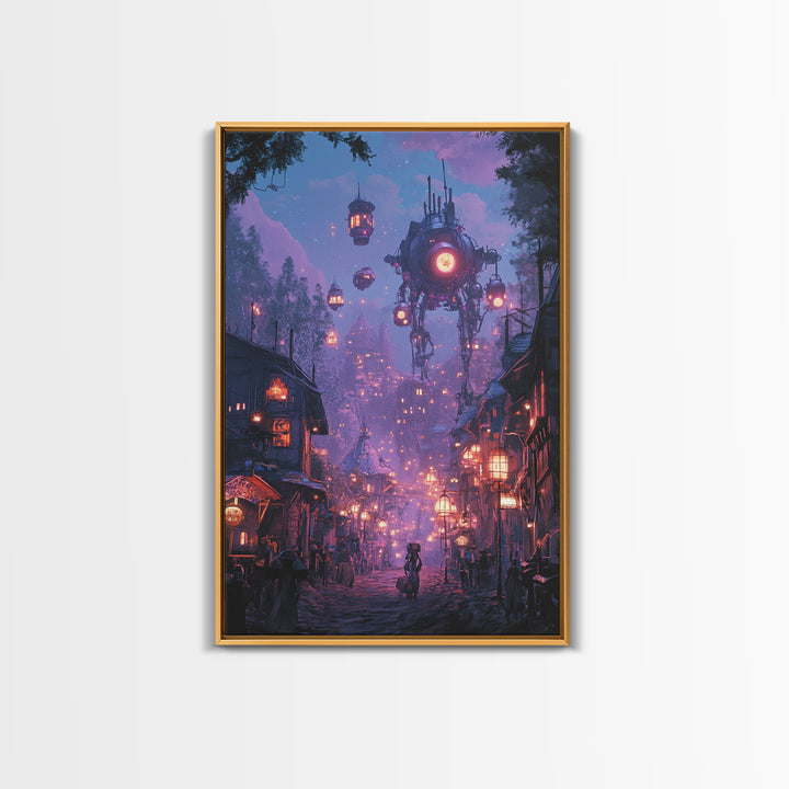 Purple Cyberpunk Village With Floating Machines Canvas Print, Sci Fi Wall Art, Futuristic Gaming Room Decor Gift For Him