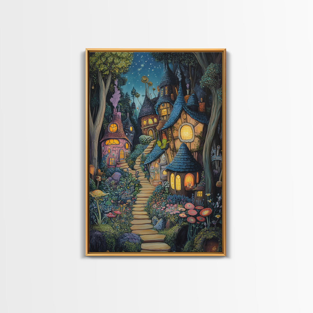 Whimsical Mushroom Fairy Village At Starlit Night Canvas Print, Fairy Tale Wall Art, Nursery Decor Housewarming Gift For Her