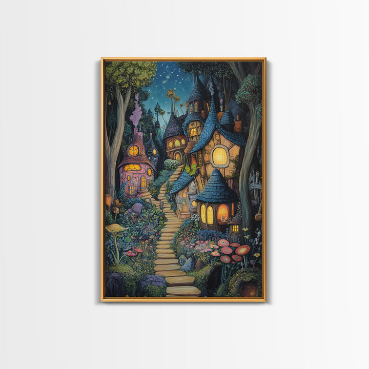 Whimsical Mushroom Fairy Village At Starlit Night Canvas Print, Fairy Tale Wall Art, Nursery Decor Housewarming Gift For Her