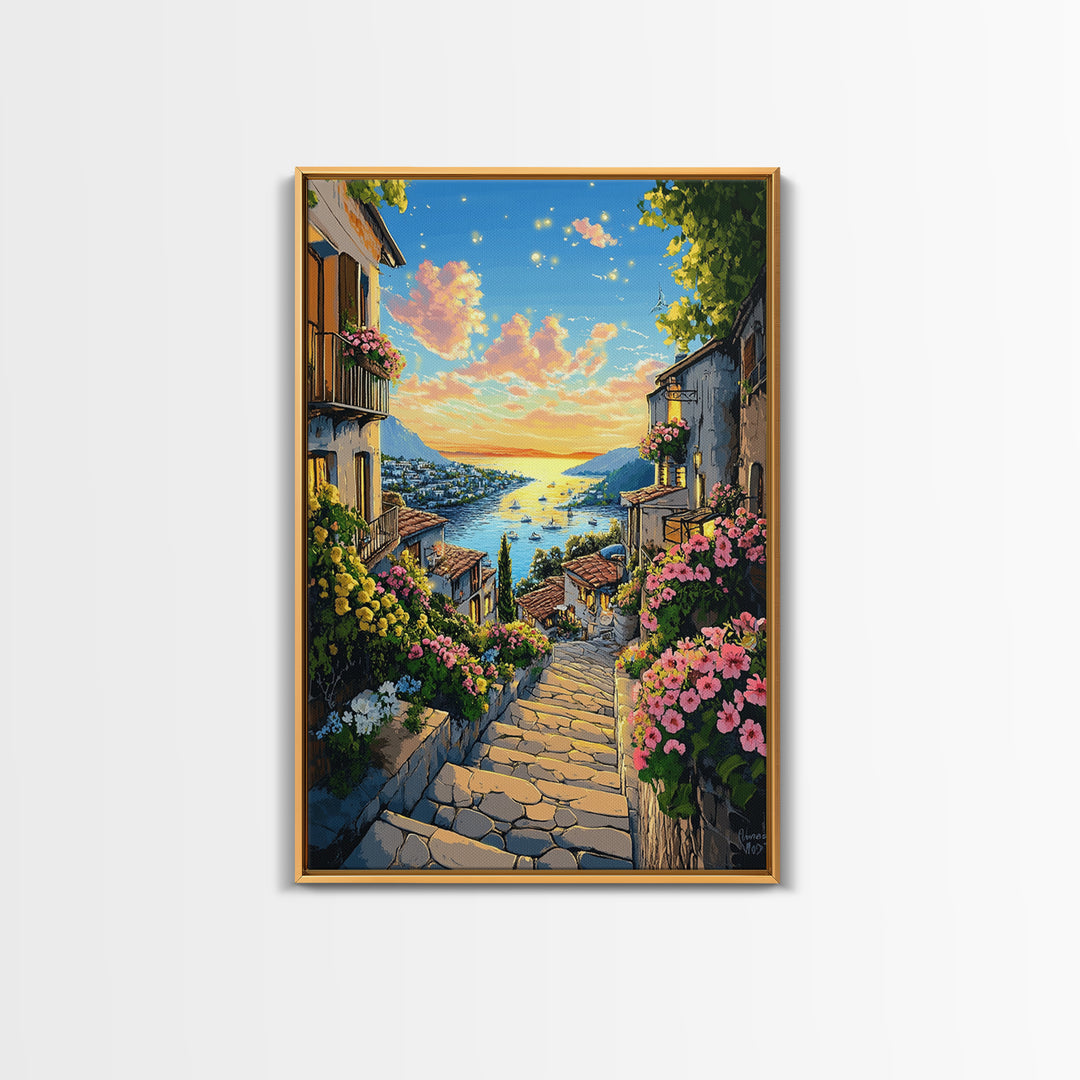 Sunlit Mediterranean Village Stairway Canvas Print, Coastal Wall Art, Italy Decor, Summer Travel Poster, Living Room Decor