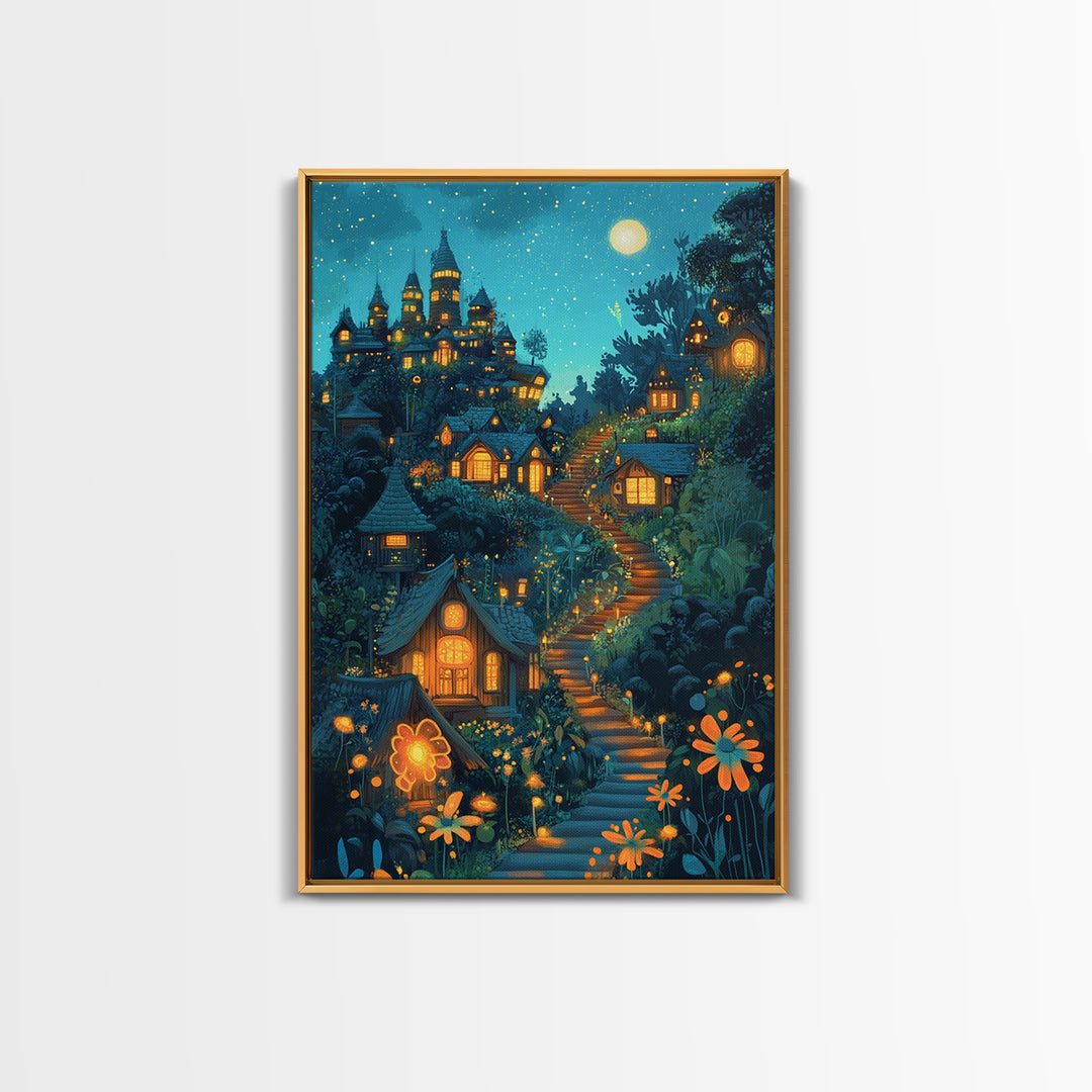 Moonlit Enchanted Village Wall Art, Whimsical Fairy Tale Castle, Fantasy Art Print, Nursery Decor, Cozy Bedroom Wall Decor