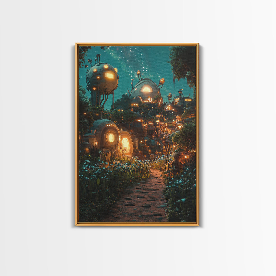 Glowing Futuristic Forest Village Canvas Print, Sci Fi Wall Art, Cyberpunk Decor, Unique Fantasy Landscape, Gaming Room Decor