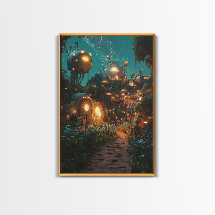 Glowing Futuristic Forest Village Canvas Print, Sci Fi Wall Art, Cyberpunk Decor, Unique Fantasy Landscape, Gaming Room Decor