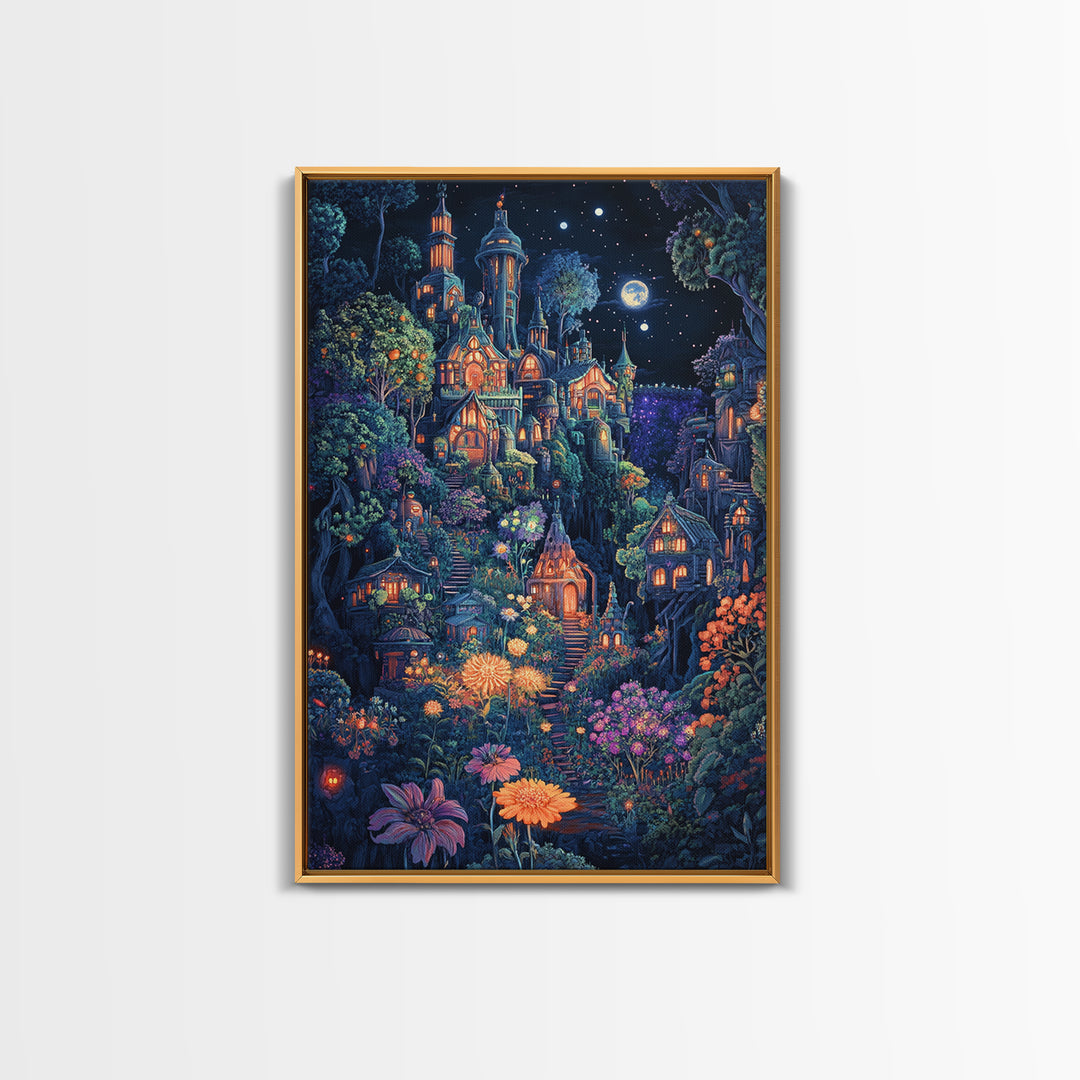 Moonlit Magical Garden Village Wall Art, Whimsical Fantasy Castle Canvas Print, Dark Botanical Decor, Maximalist Room Art