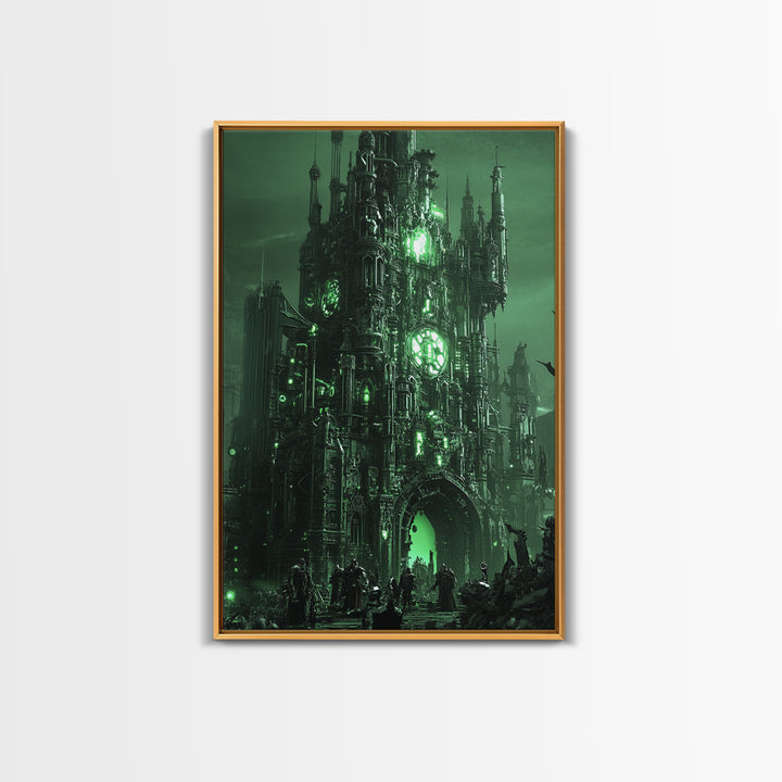 Emerald Gothic Citadel Framed Canvas Print, Dark Fantasy Wall Art, Green Castle Decor, Moody Office Art, Gothic Home Decor