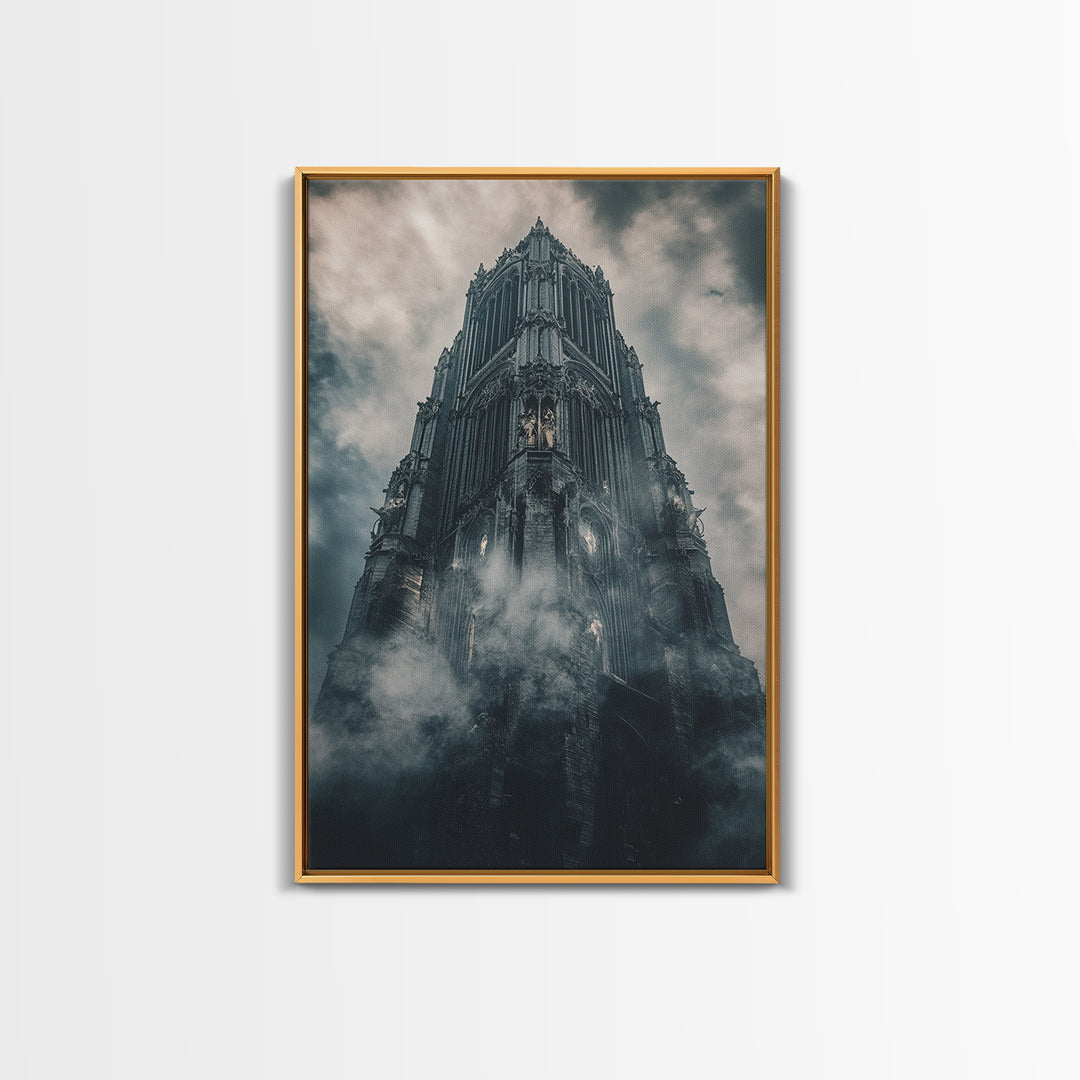 Foggy Gothic Cathedral Tower Wall Art, Dark Academia Fantasy Castle Print, Moody Architecture Decor, Gothic Wall Decor Print
