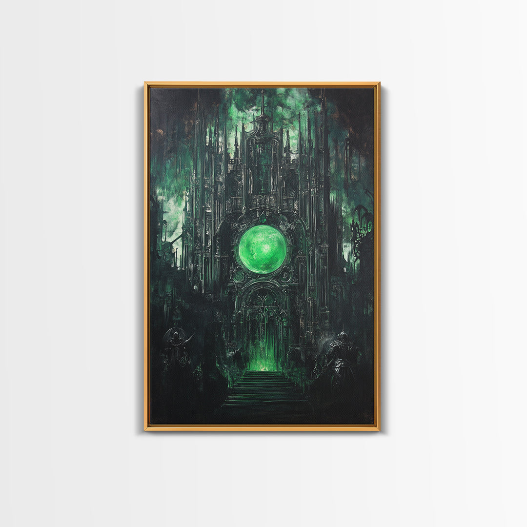 Emerald Orb Gothic Sanctuary Canvas Print, Dark Fantasy Wall Art, Occult Castle Decor, Moody Green Architecture Poster Print