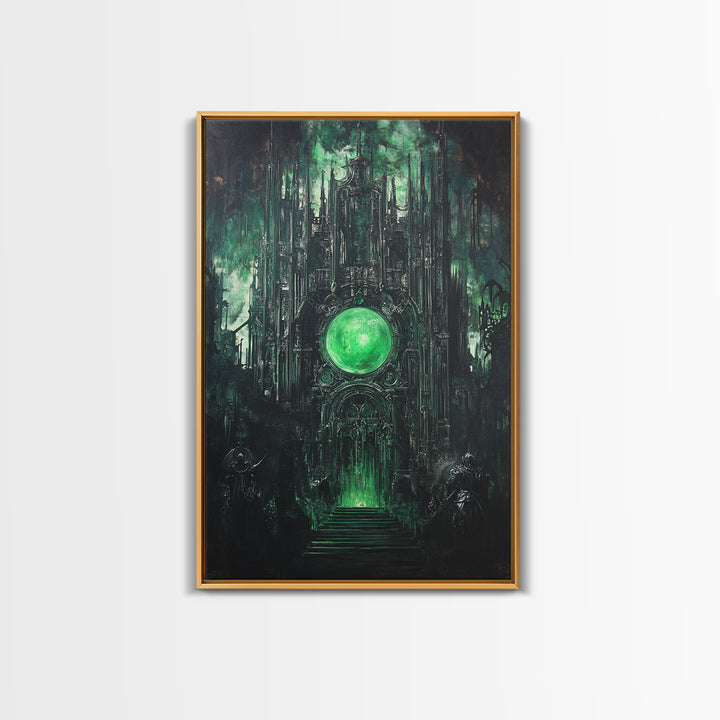 Emerald Orb Gothic Sanctuary Canvas Print, Dark Fantasy Wall Art, Occult Castle Decor, Moody Green Architecture Poster Print