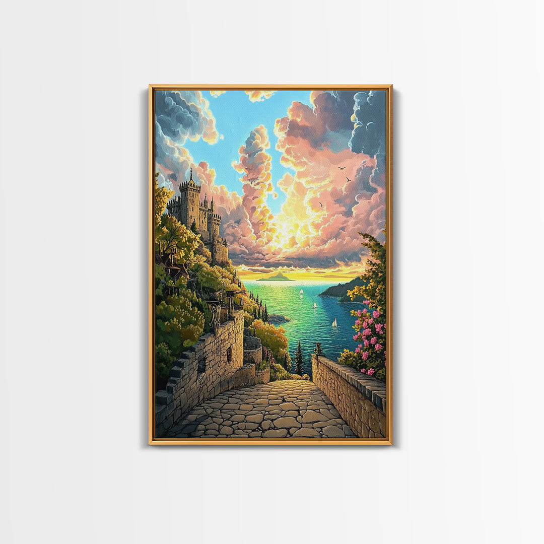 Sunset Castle Coast Path Wall Art, Mediterranean Seascape Canvas Print, Colorful Coastal Decor, Fantasy Landscape Art Print