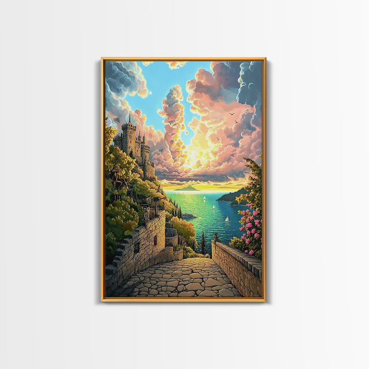 Sunset Castle Coast Path Wall Art, Mediterranean Seascape Canvas Print, Colorful Coastal Decor, Fantasy Landscape Art Print