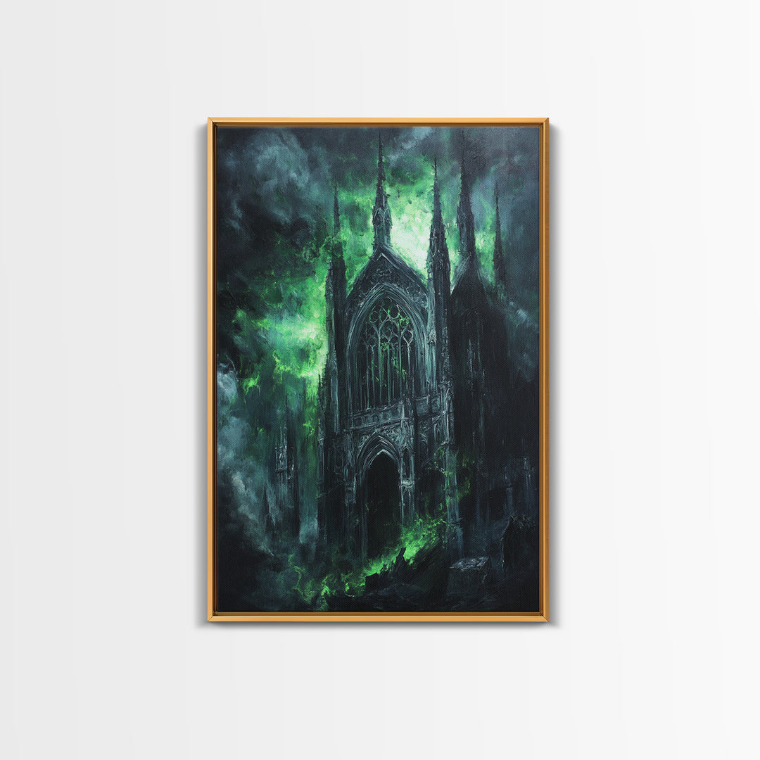 Misty Gothic Church In Green Fog Framed Canvas Print, Dark Academia Wall Art, Haunted Chapel Decor, Fantasy Architecture