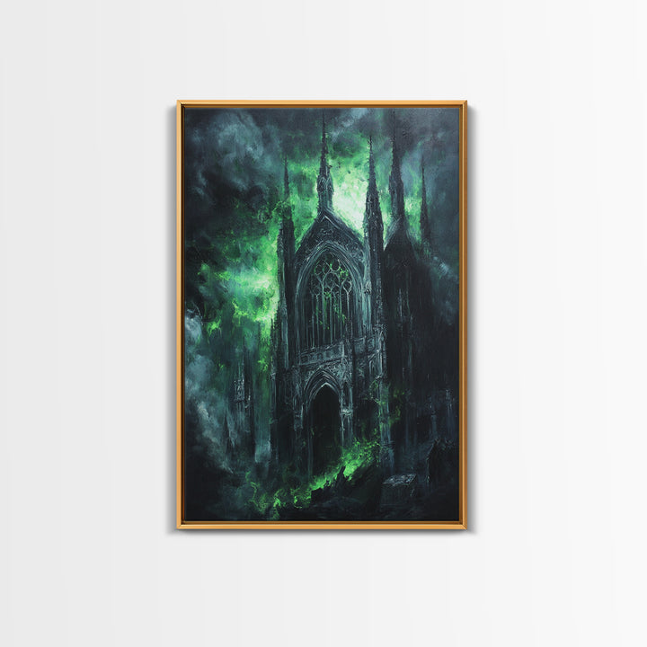 Misty Gothic Church In Green Fog Framed Canvas Print, Dark Academia Wall Art, Haunted Chapel Decor, Fantasy Architecture