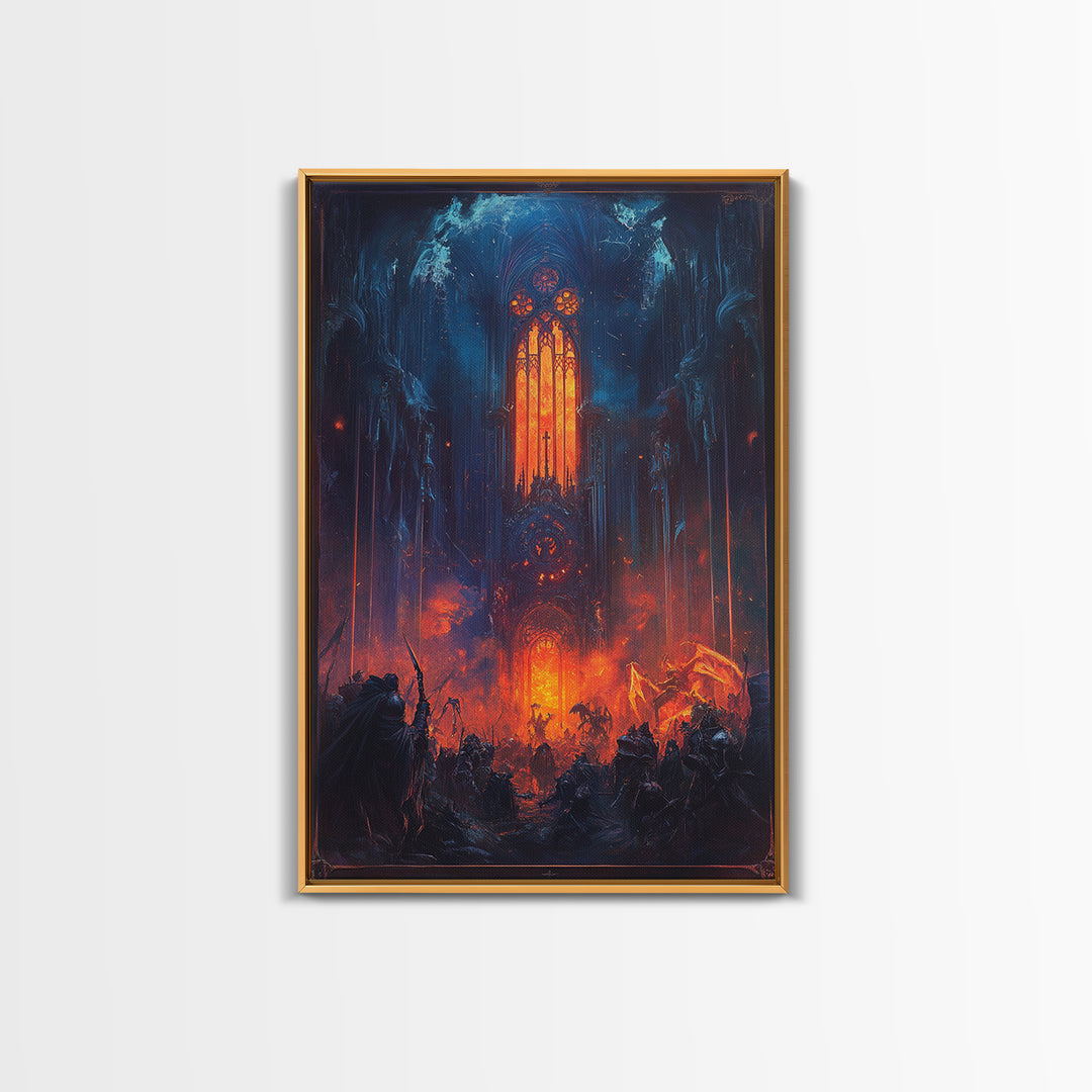 Fiery Gothic Cathedral Battle Canvas Print, Dark Fantasy Wall Art, Medieval Warrior Decor, Dramatic Red And Blue Poster Print
