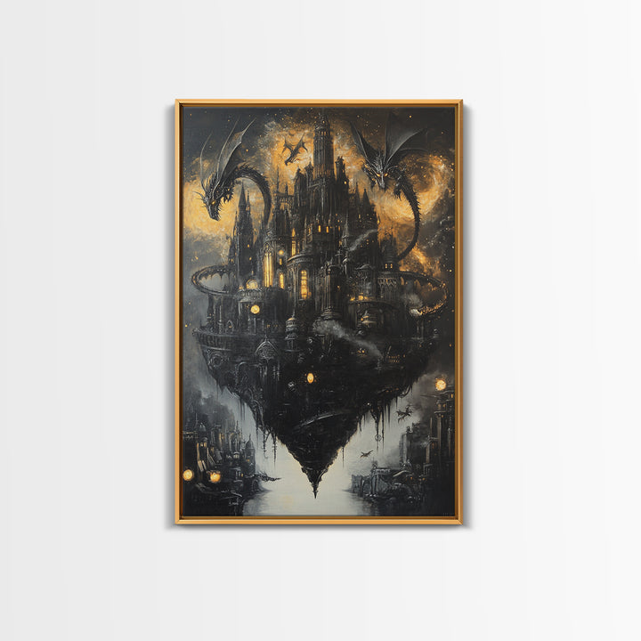 Floating Gothic Dragon Castle Wall Art, Dark Fantasy Canvas Decor, Moody Medieval Citadel Print, Gothic Home Decor Gift