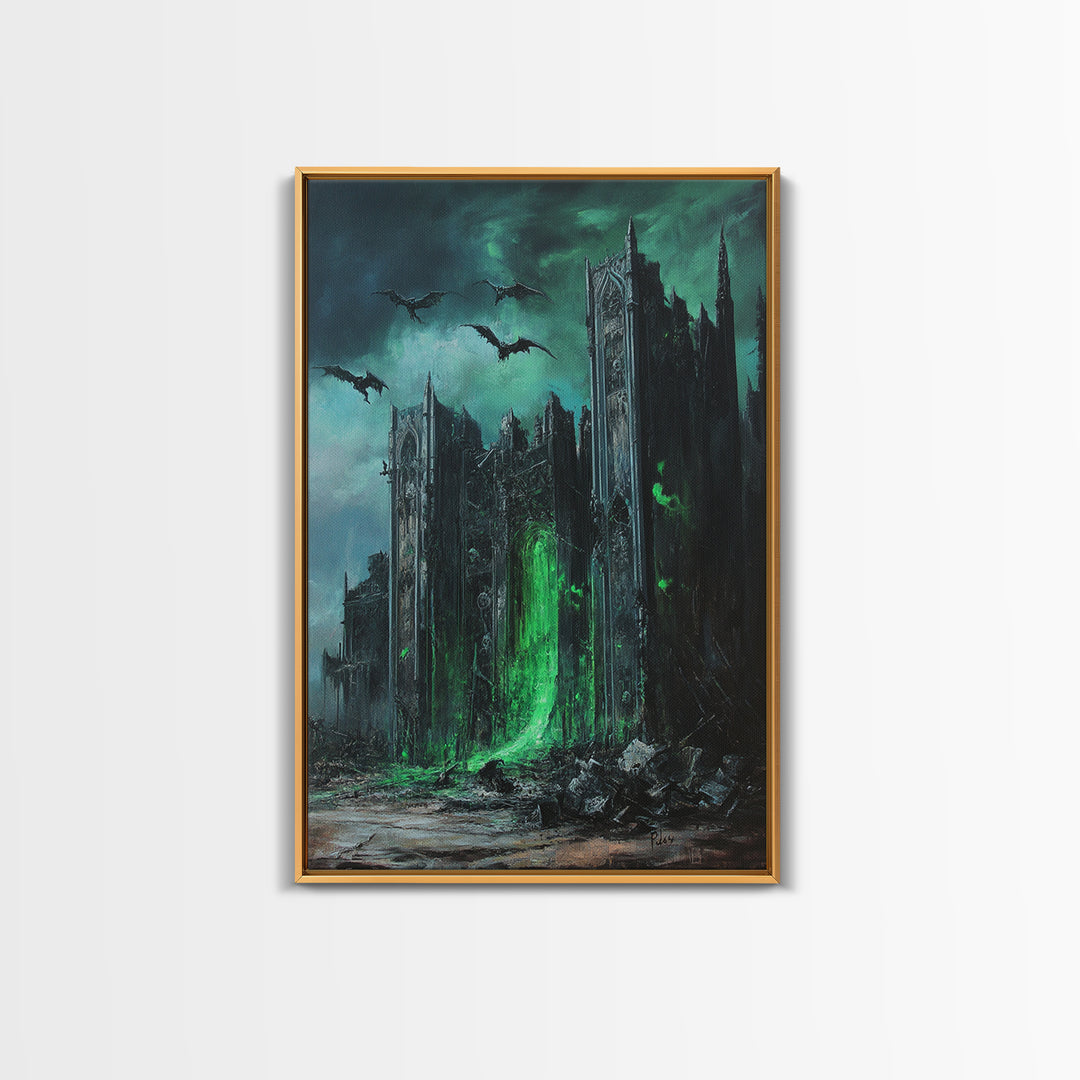 Green Portal Gothic Cathedral Wall Art, Dark Fantasy Ruins Print, Dragon Raven Decor, Moody Gothic Home Decor Gift For Him