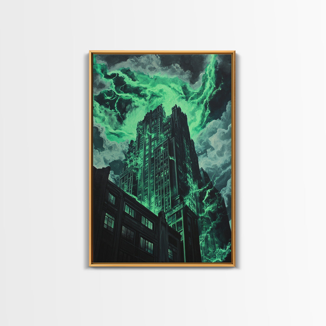 Emerald Storm Skyscraper Wall Art, Dark Urban Fantasy Print, Gothic City Lightning Decor, Moody Office Wall Decor, Home Decor Gift