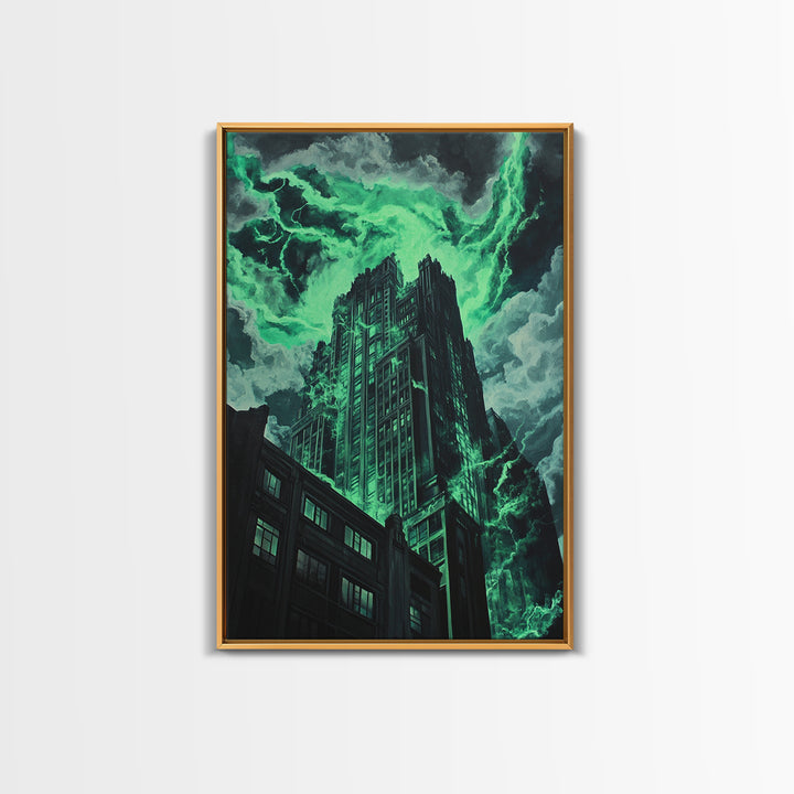 Emerald Storm Skyscraper Wall Art, Dark Urban Fantasy Print, Gothic City Lightning Decor, Moody Office Wall Decor, Home Decor Gift