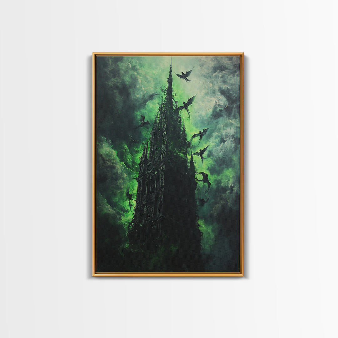 Shadowed Gothic Tower Wall Art, Green Storm Dragon Print, Dark Fantasy Castle Decor, Moody Gothic Home Decor Gift For Him