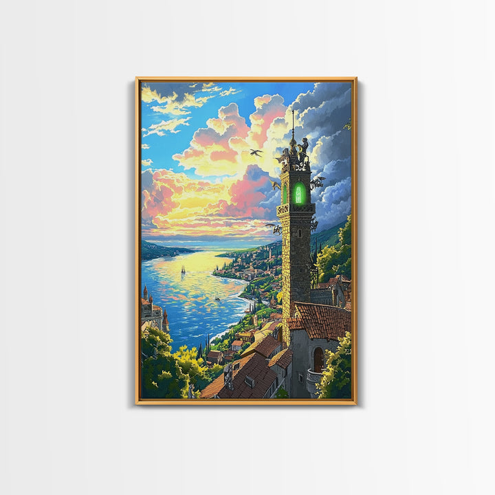 Glowing Coastal Tower At Sunset Canvas Print, Fantasy Seascape Wall Art, Mediterranean Landscape, Living Room Decor, Housewarming Gift