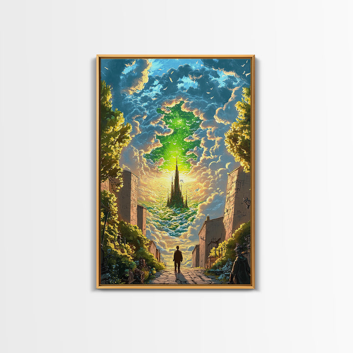 Emerald Sky Castle Above City Street Canvas Print, Surreal Fantasy Wall Art, Mystical Cloudscape, Home Office Decor, Unique Gift