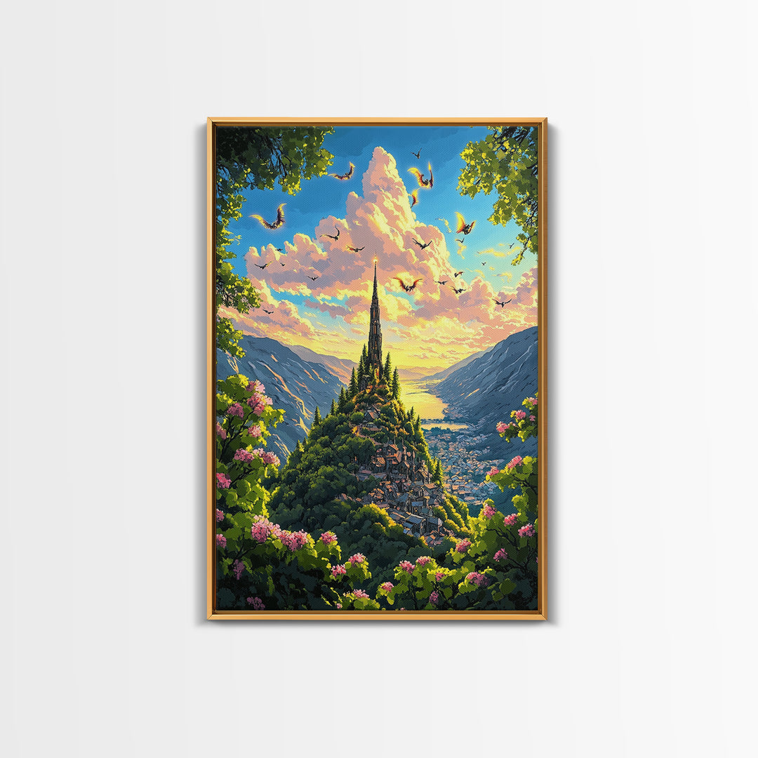 Sunlit Mountain Village With Flying Dragons Canvas Print, Fantasy Landscape Wall Art, Whimsical Home Decor, Gift For Her