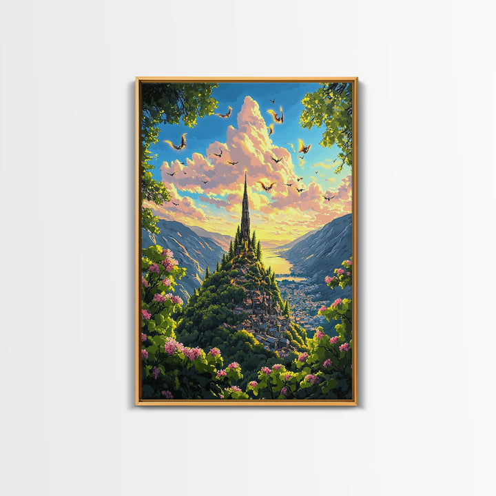 Sunlit Mountain Village With Flying Dragons Canvas Print, Fantasy Landscape Wall Art, Whimsical Home Decor, Gift For Her