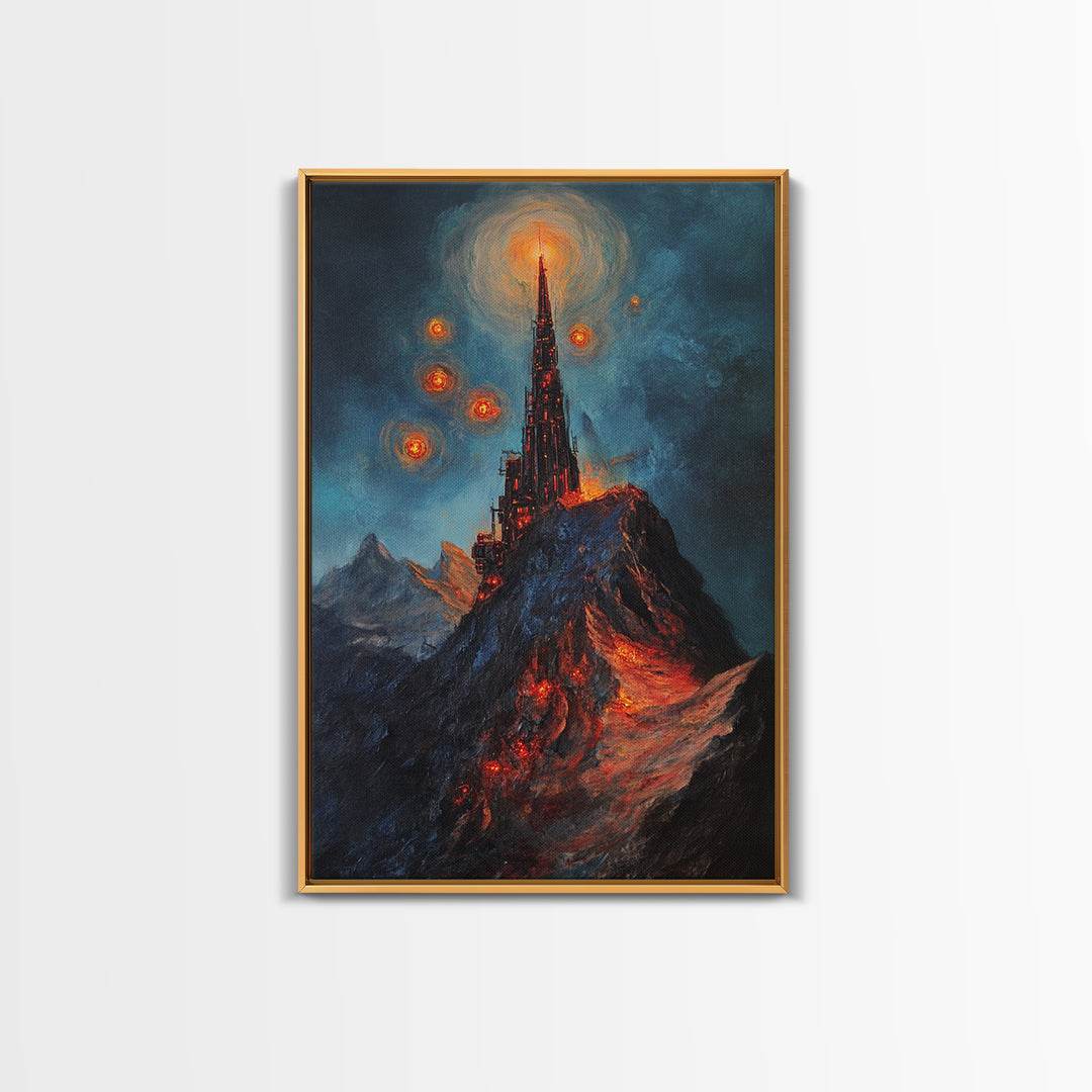 Fiery Dark Mountain Citadel With Red Orbs Canvas Print, Gothic Fantasy Wall Art, Lava Landscape, Moody Office Decor, Gift For Him