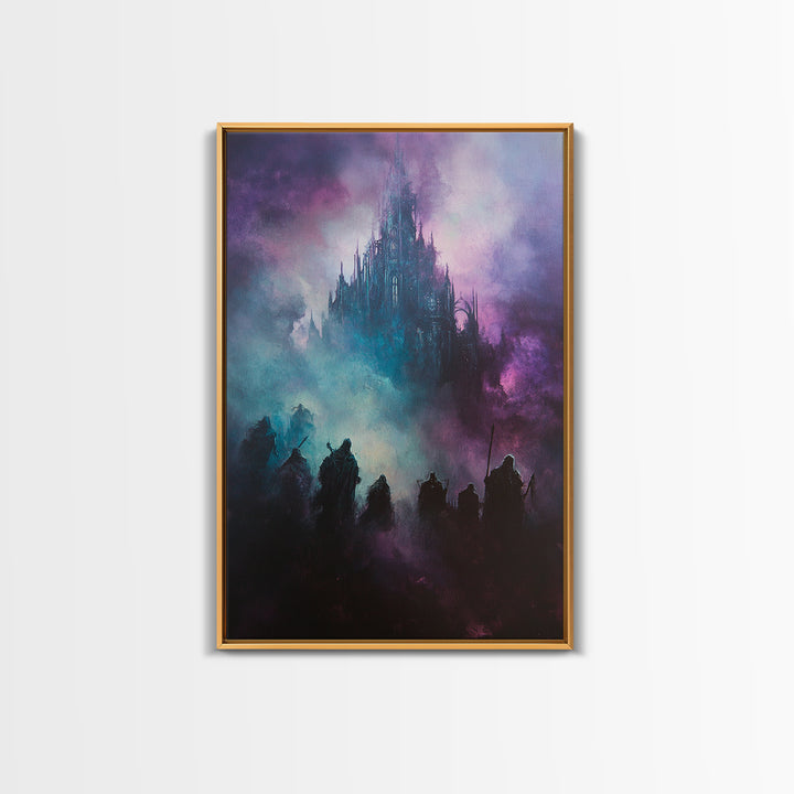 Purple Mist Fortress And Shadow Riders Framed Canvas Print, Dark Fantasy Wall Art, Gothic Castle Decor, Statement Artwork