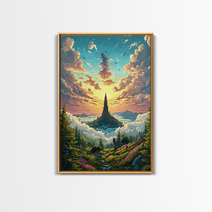 Golden Cloud Kingdom Spire At Sunrise Canvas Print, Fantasy Landscape Wall Art, Colorful Nature Art, Living Room Decor, Housewarming Gift