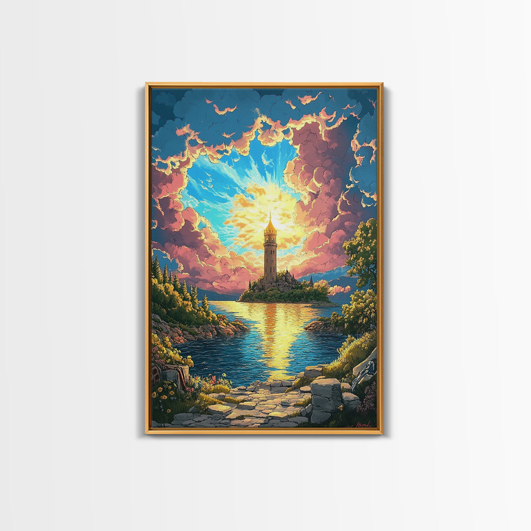 Radiant Island Lighthouse Under Pink Clouds Canvas Print, Fantasy Lake Landscape Wall Art, Coastal Home Decor, Gift For Her