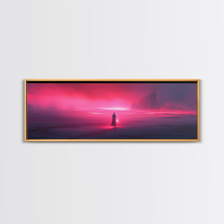 Lone Traveler In Magenta Alien Fog Wall Art, Sci Fi Landscape Canvas, Futuristic Decor, Neon Pink Living Room Art Print Gift