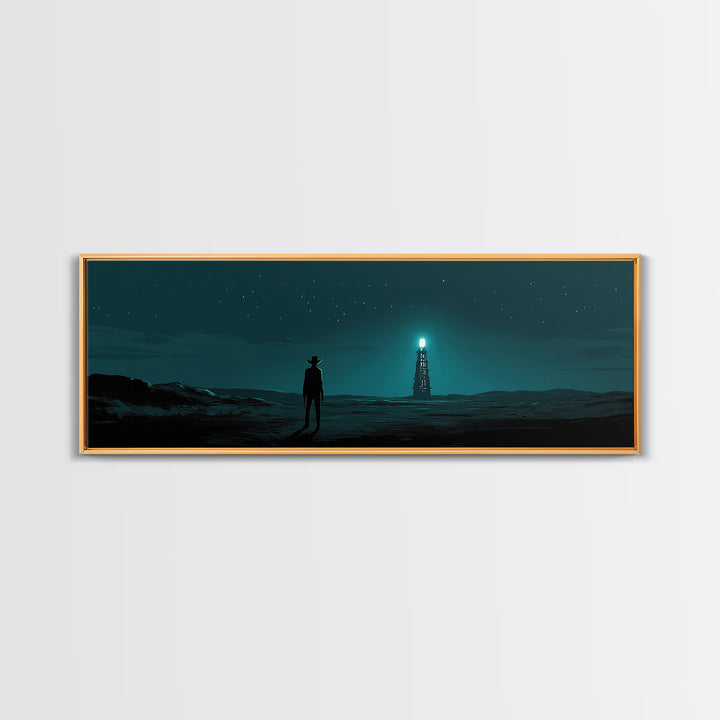 Starry Teal Desert Cowboy And Beacon Tower Wall Art, Sci Fi Western Landscape Print, Masculine Office Decor Gift For Him