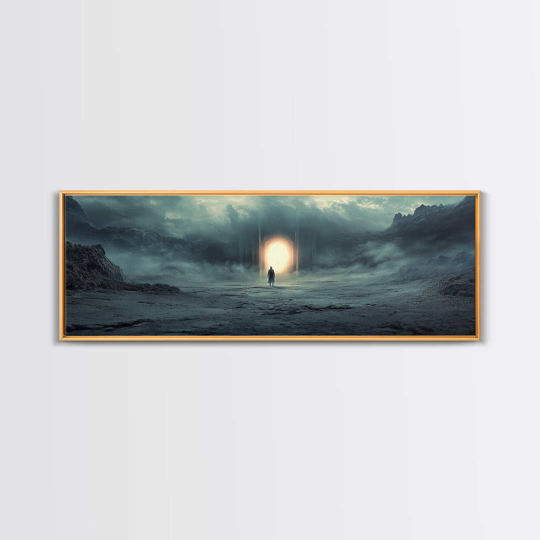 Misty Portal In Dark Mountains Wall Art, Moody Sci Fi Landscape Canvas Print, Atmospheric Office Decor And Modern Wall Decor