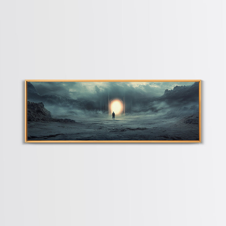 Misty Portal In Dark Mountains Wall Art, Moody Sci Fi Landscape Canvas Print, Atmospheric Office Decor And Modern Wall Decor