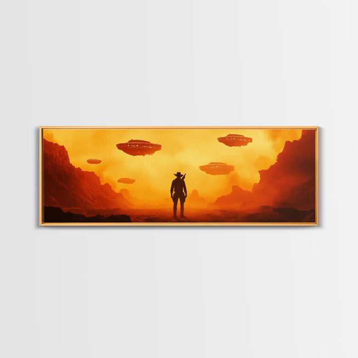 Orange Alien Canyon With UFOs And Cowboy Wall Art, Retro Sci Fi Western Canvas Print, Desert Landscape Decor Gift For Him