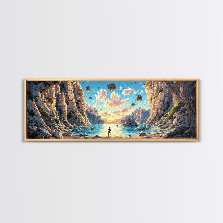 Alien Canyon Lagoon Canvas Print, Floating Rocks Fantasy Landscape, Panoramic Sci Fi Wall Decor, Large Modern Living Room Art