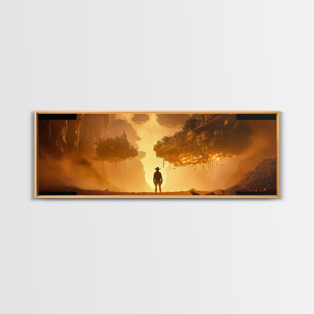 Golden Dystopian Airship Canyon Wall Art, Sci Fi Cowboy Landscape, Orange Futuristic Cinematic Canvas Print, Man Cave Decor