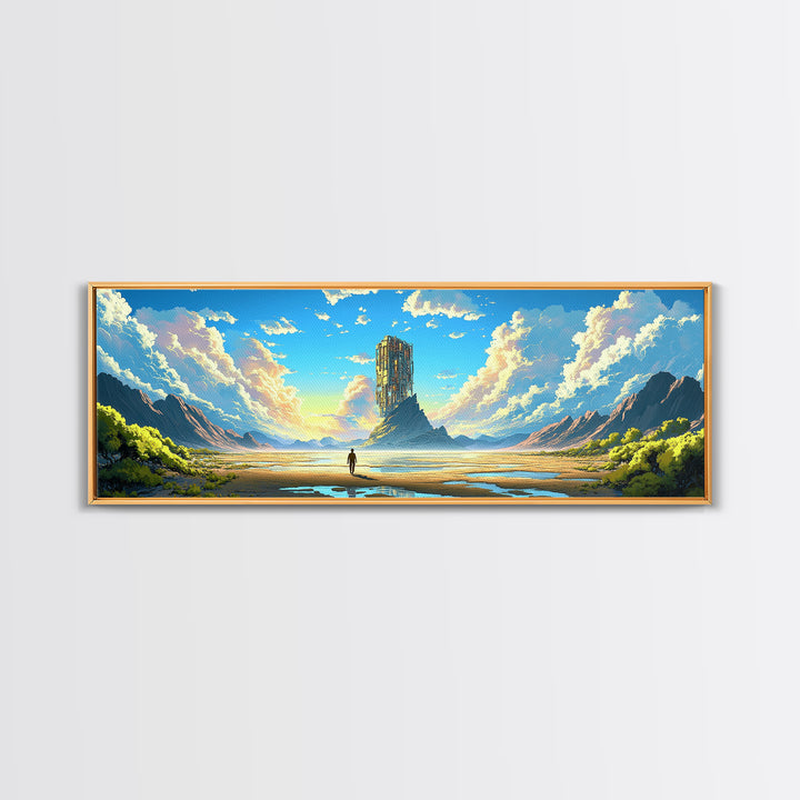 Mountain Valley Monolith Canvas Print, Bright Sci Fi Landscape, Panoramic Wall Art, Modern Nature Decor For Living Room Art