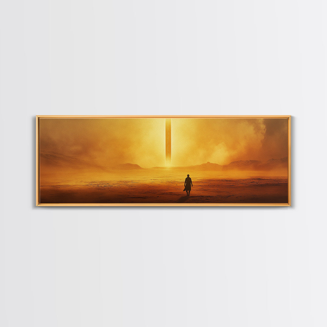 Golden Desert Monolith Wall Art, Cinematic Sci Fi Landscape, Minimalist Canvas Print, Warm Earth Tone Living Room Decor Art