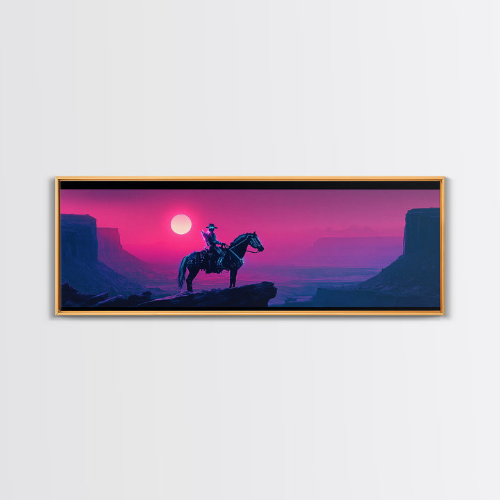 Cowboy On Pink Canyon Cliff Canvas Print, Western Wall Decor, Southwestern Landscape Art, Large Panoramic Wall Art, Home Decor