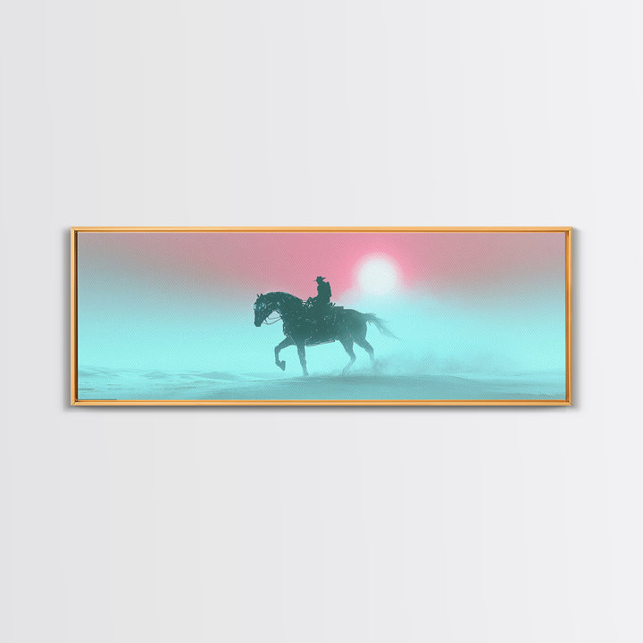 Misty Cowboy Riding Through Pastel Fog Wall Art, Western Horse Canvas Print, Serene Landscape Decor, Calming Bedroom Art
