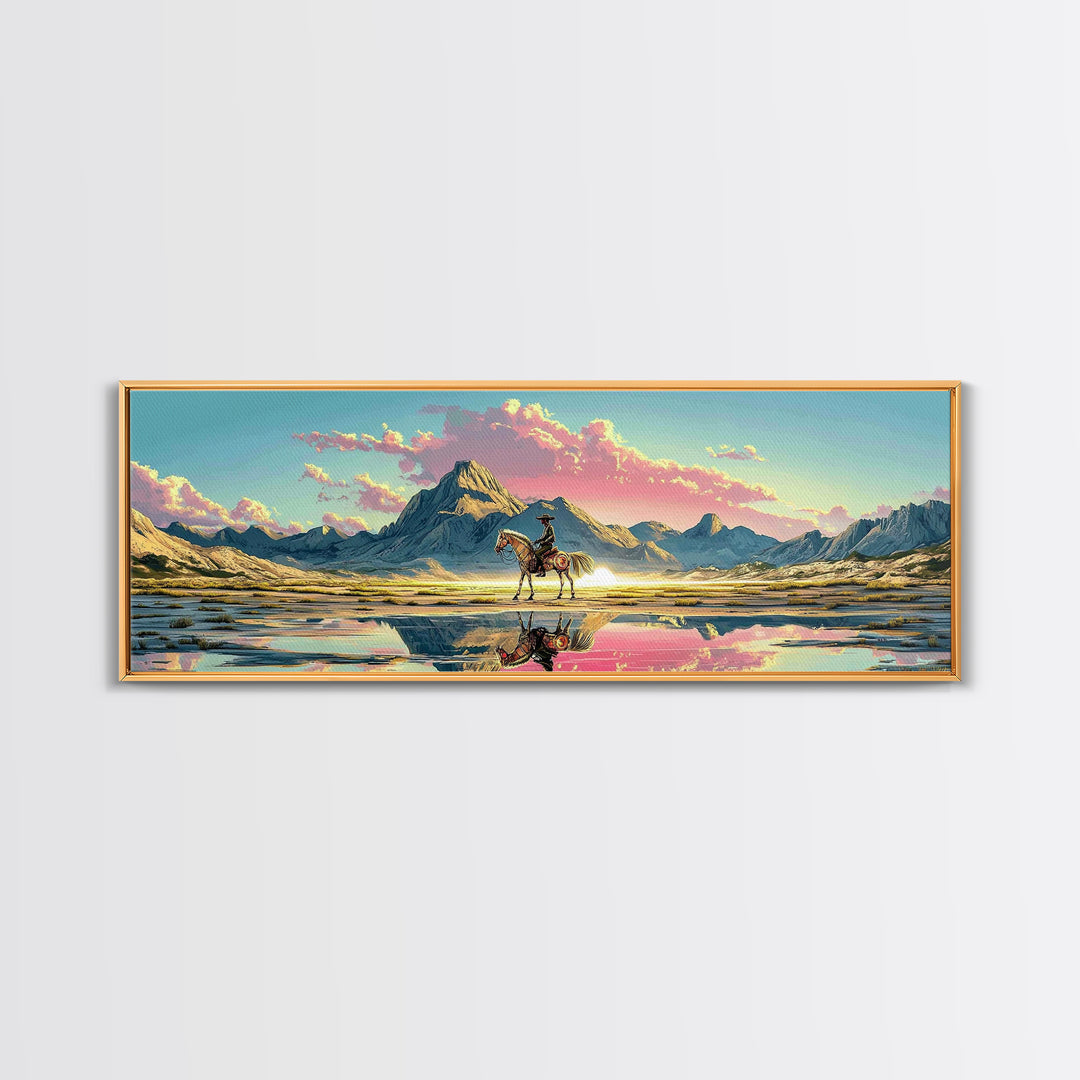 Cowboy And Horse Reflected In Alpine Lake Canvas Print, Western Mountain Wall Art, Pastel Sunset Decor, Large Panoramic Art