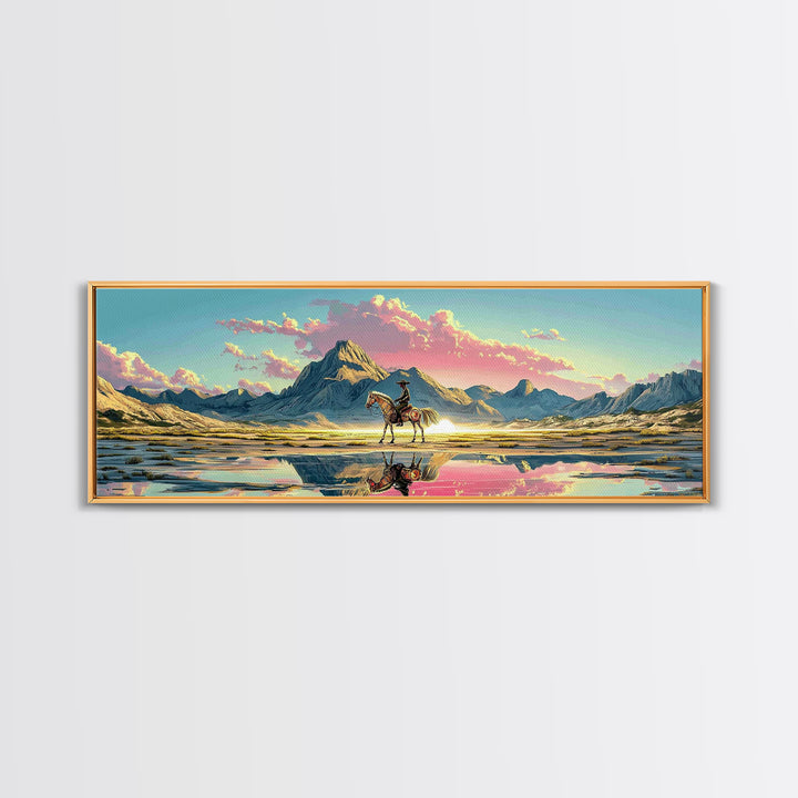 Cowboy And Horse Reflected In Alpine Lake Canvas Print, Western Mountain Wall Art, Pastel Sunset Decor, Large Panoramic Art