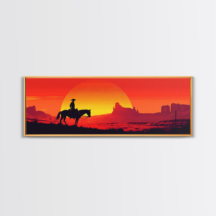Silhouette Cowboy Crossing Orange Desert Sunset Wall Art, Southwestern Decor, Western Canvas Print, Extra Wide Horizontal Art