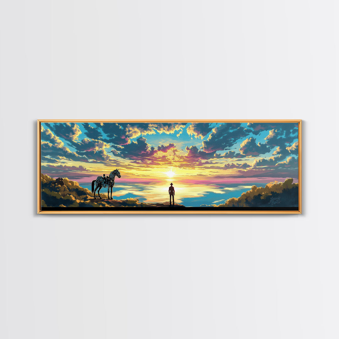 Cowboy And Horse Over Golden Sea Sunrise Framed Canvas Print, Western Landscape Wall Art, Inspirational Home Decor, Above Sofa Art