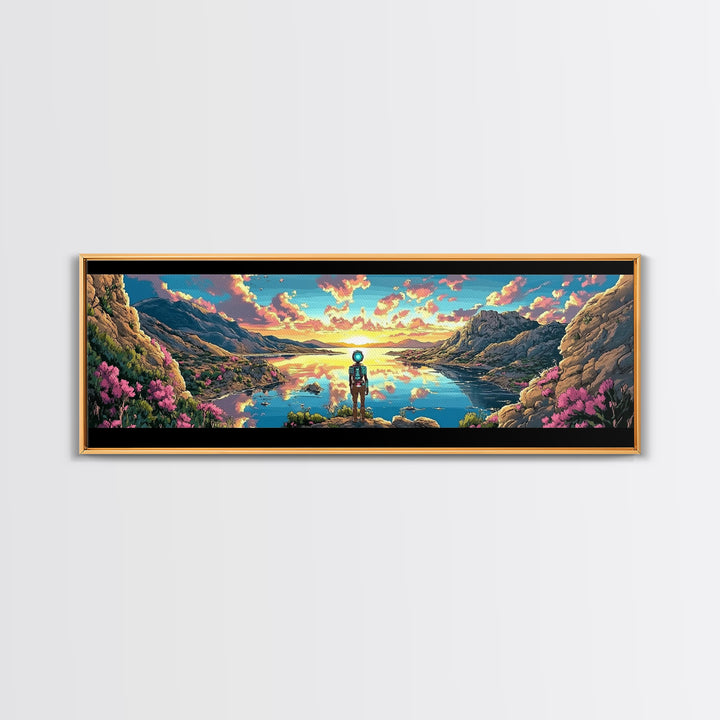 Astronaut Over Flowered Mountain Lake Valley Wall Art, Sci Fi Landscape Canvas Print, Colorful Nature Decor, Gaming Room Art