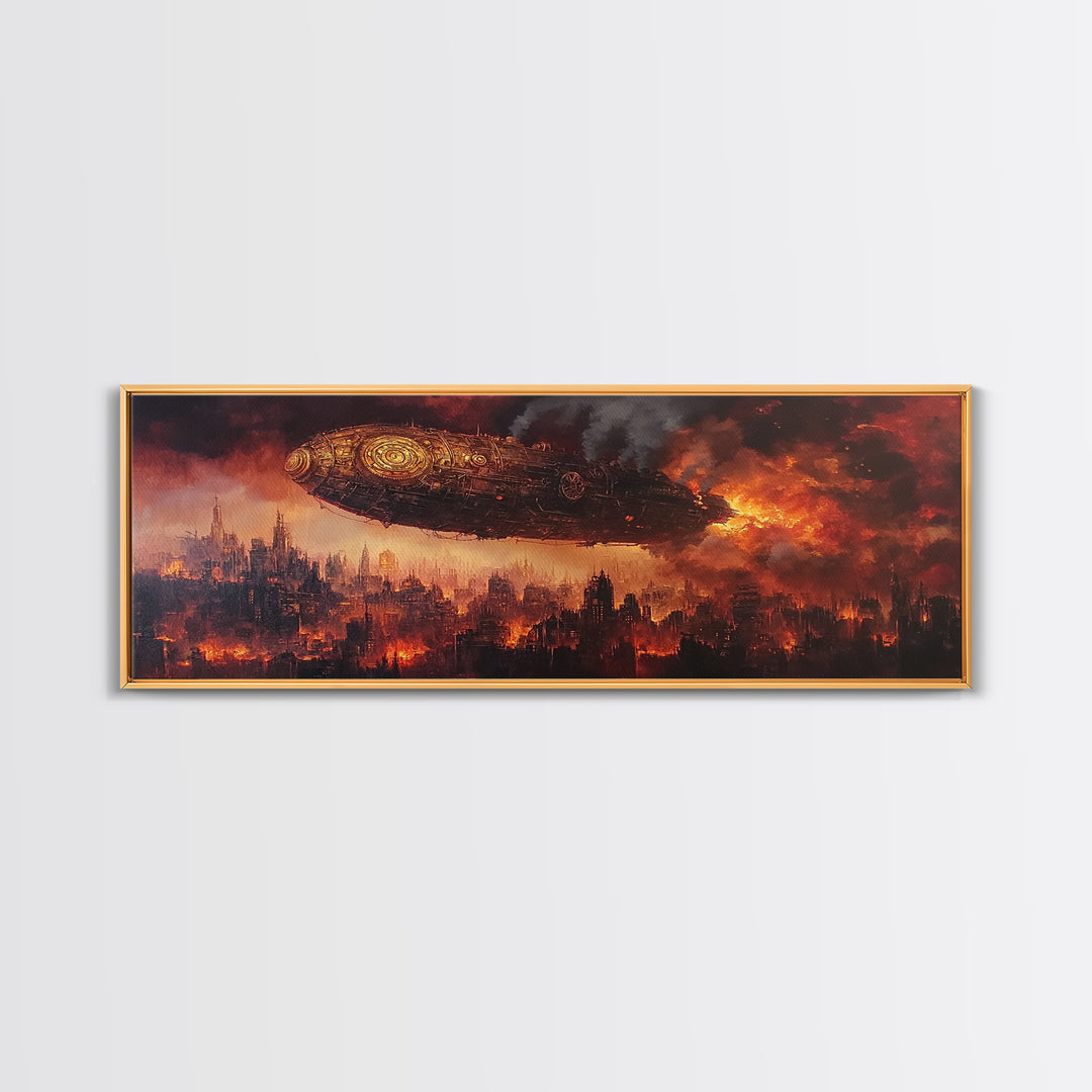Steampunk Airship Over Burning Futuristic City Wall Art, Dystopian Sci Fi Canvas Print, Dark Industrial Office Decor, Man Cave Art