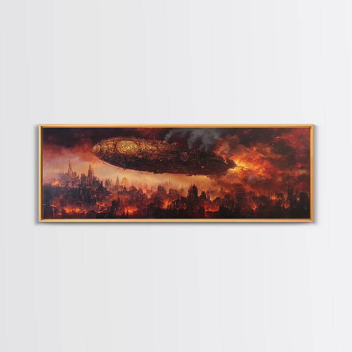 Steampunk Airship Over Burning Futuristic City Wall Art, Dystopian Sci Fi Canvas Print, Dark Industrial Office Decor, Man Cave Art