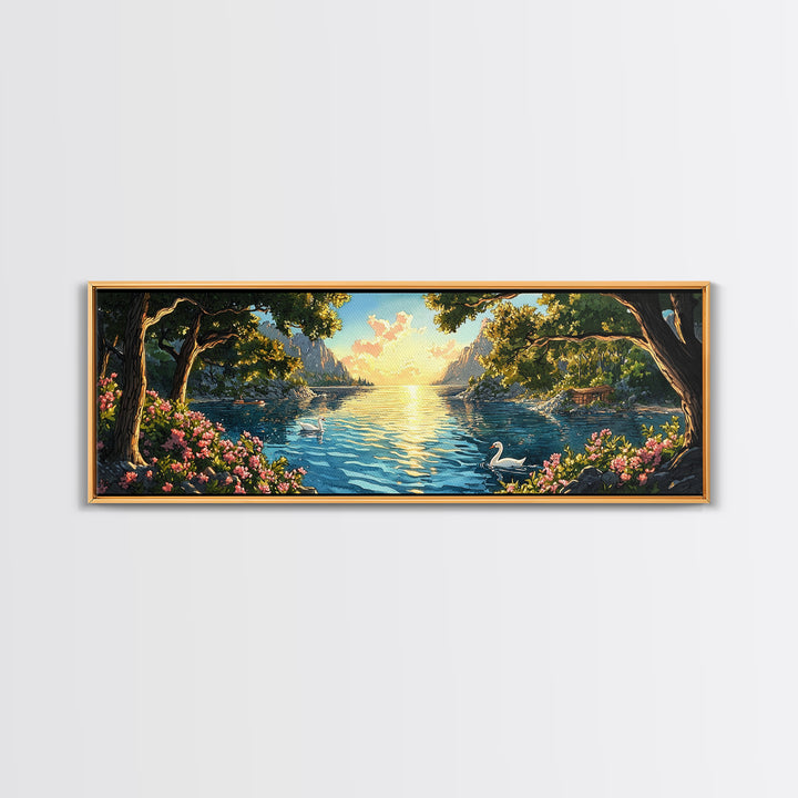 Golden Lakeside Sunset With Swan Wall Art, Romantic Coastal Canvas Print, Serene Landscape Decor, Large Above Bed Art For Bedroom Decor